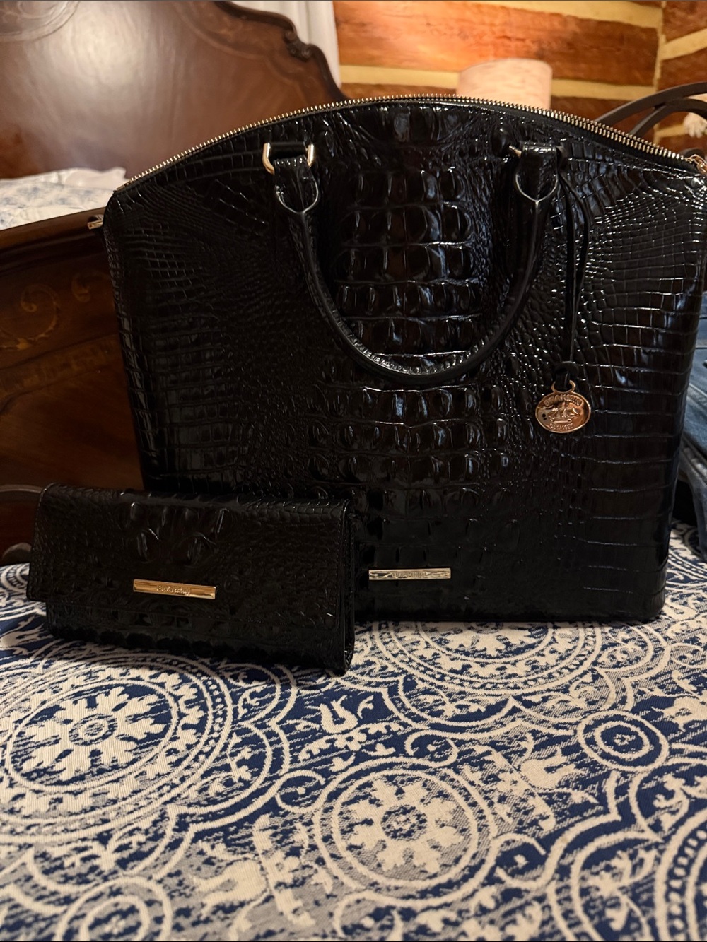 Brahmin Black Croc-Embossed Satchel with Wallet